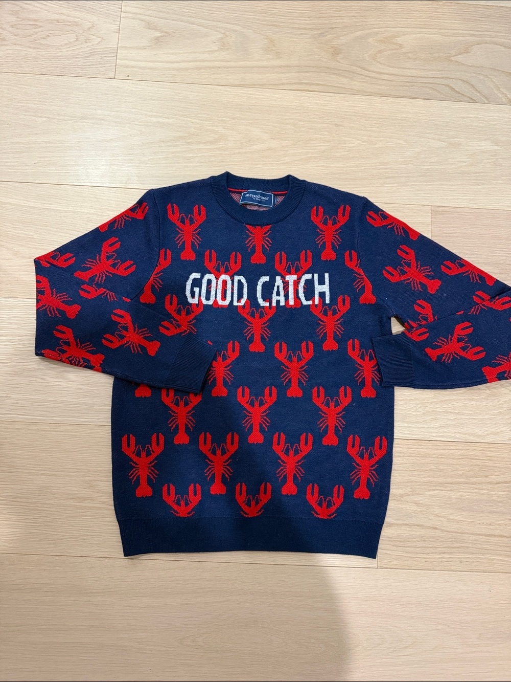 Vineyard Vines Navy Crewneck Sweater with Red Lobster Motif